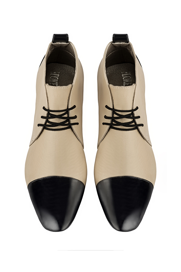 Women's gloss black and egg shell beige elegant ankle boots, with laces at the front. Round toe. High kitten heels - Top view